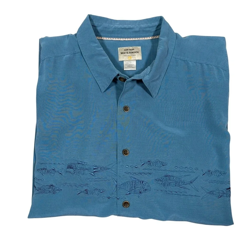 Quiksilver Waterman Shirt Mens XXL‎ Embroidered Blue Water Fish Short Sleeve